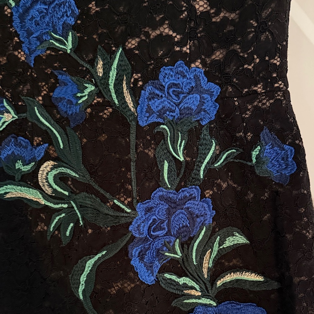 Black Lace Slip Dress with Blue Floral Embroidery - Picture 5 of 5